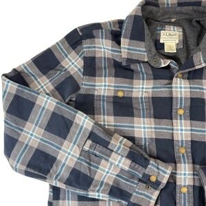 L.L.Bean Fleece Lined Flannel Shacket Size Large Tall Plaid Shirt Jacket Blue